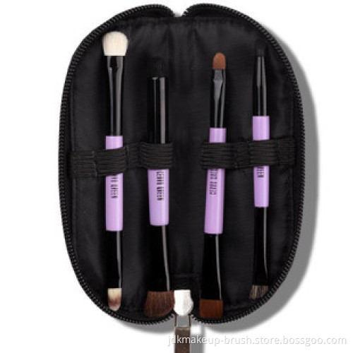 4pcs Duo End Portable Makeup Brush Kit With Zipper Cosmetic Pouch